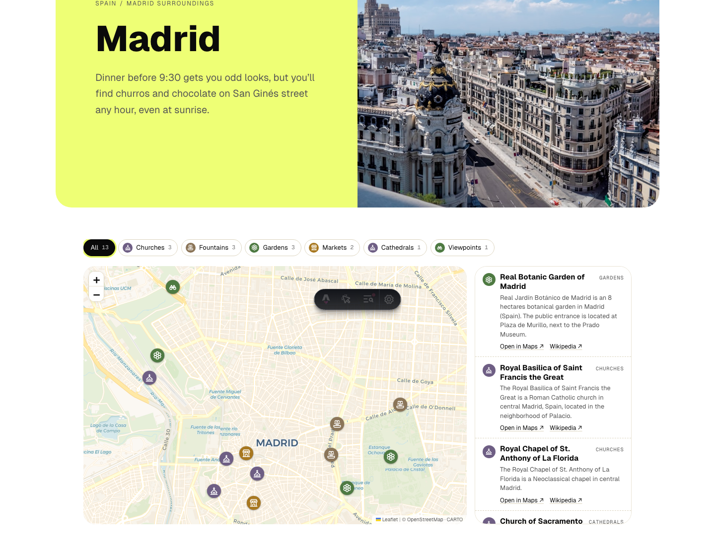 The Madrid guide on TripTamba showing an interactive map of the city with pins categorised by type — churches, fountains, gardens, markets, cathedrals and viewpoints